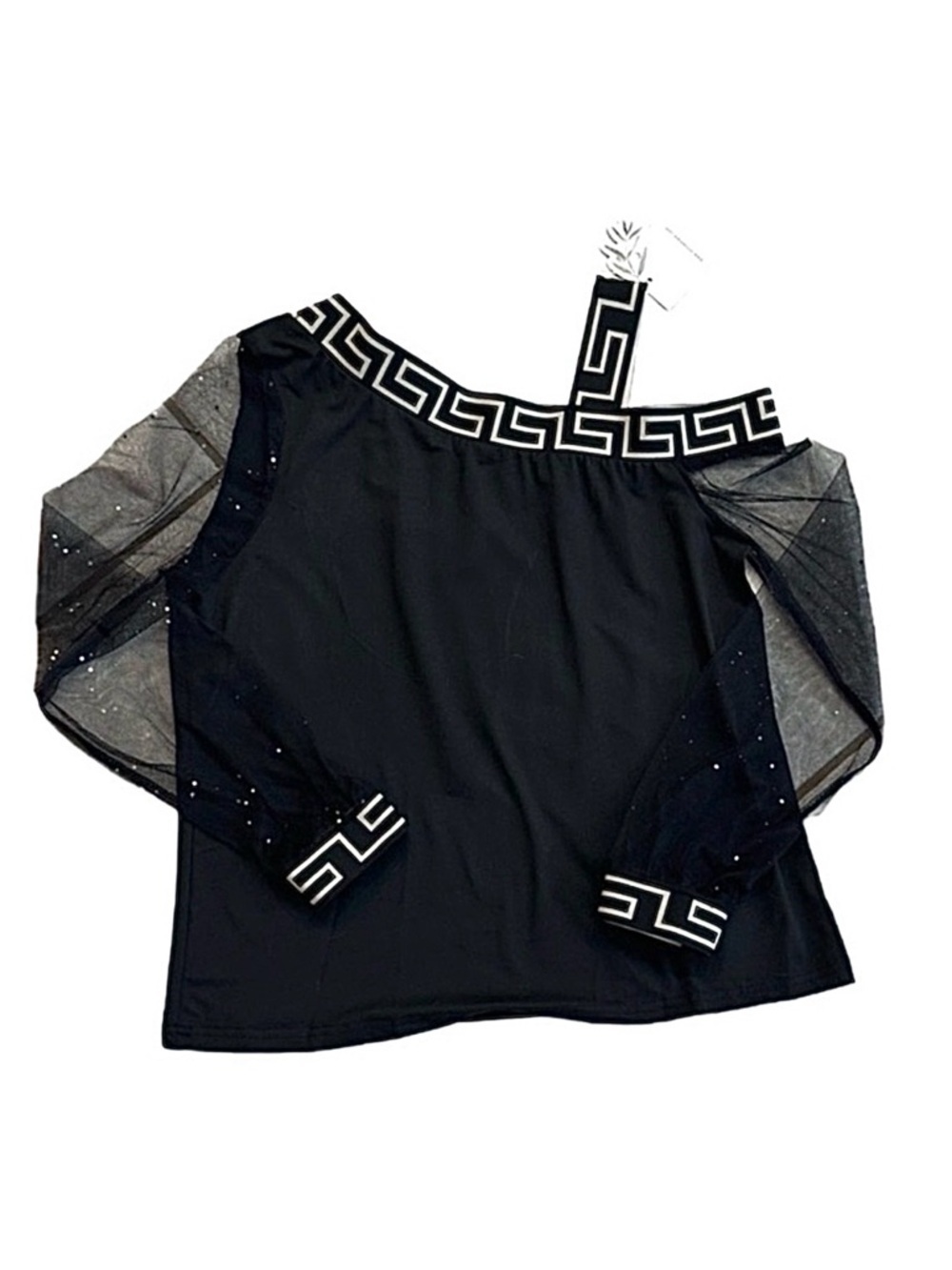 OLIVIA MARK ~ Women’s black and gold sheer long sleeve grecian top size M